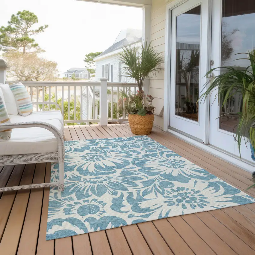 3' X 4' Denim and Ivory Floral Washable Non Skid Indoor Outdoor Area Rug Photo 8