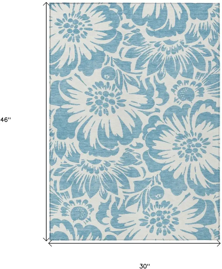 Denim and Ivory Floral Washable Non Skid Indoor Outdoor Area Rug Photo 3