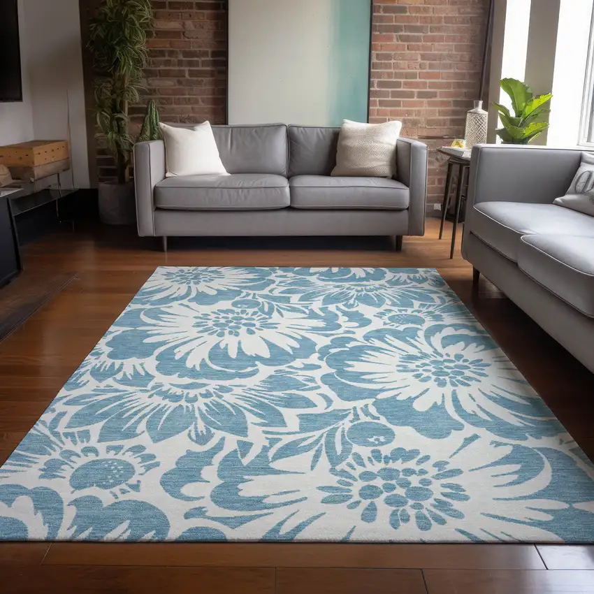 3' X 4' Denim and Ivory Floral Washable Non Skid Indoor Outdoor Area Rug Photo 9