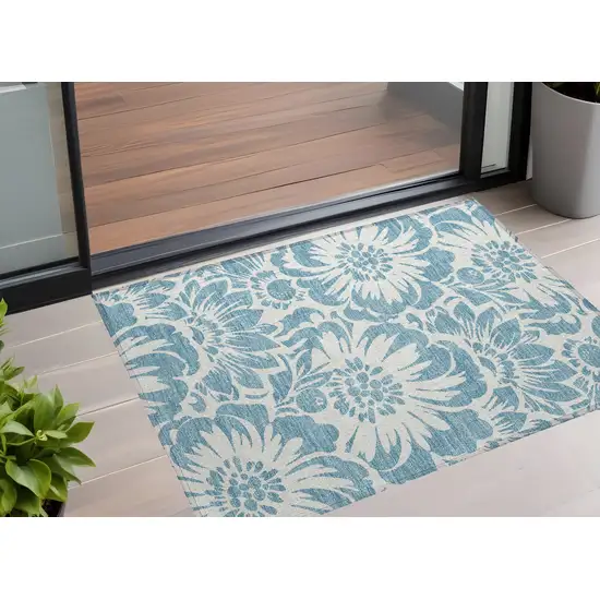 3' X 4' Denim and Ivory Floral Washable Non Skid Indoor Outdoor Area Rug Photo 1