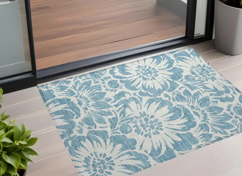 3' X 4' Denim and Ivory Floral Washable Non Skid Indoor Outdoor Area Rug Photo 1