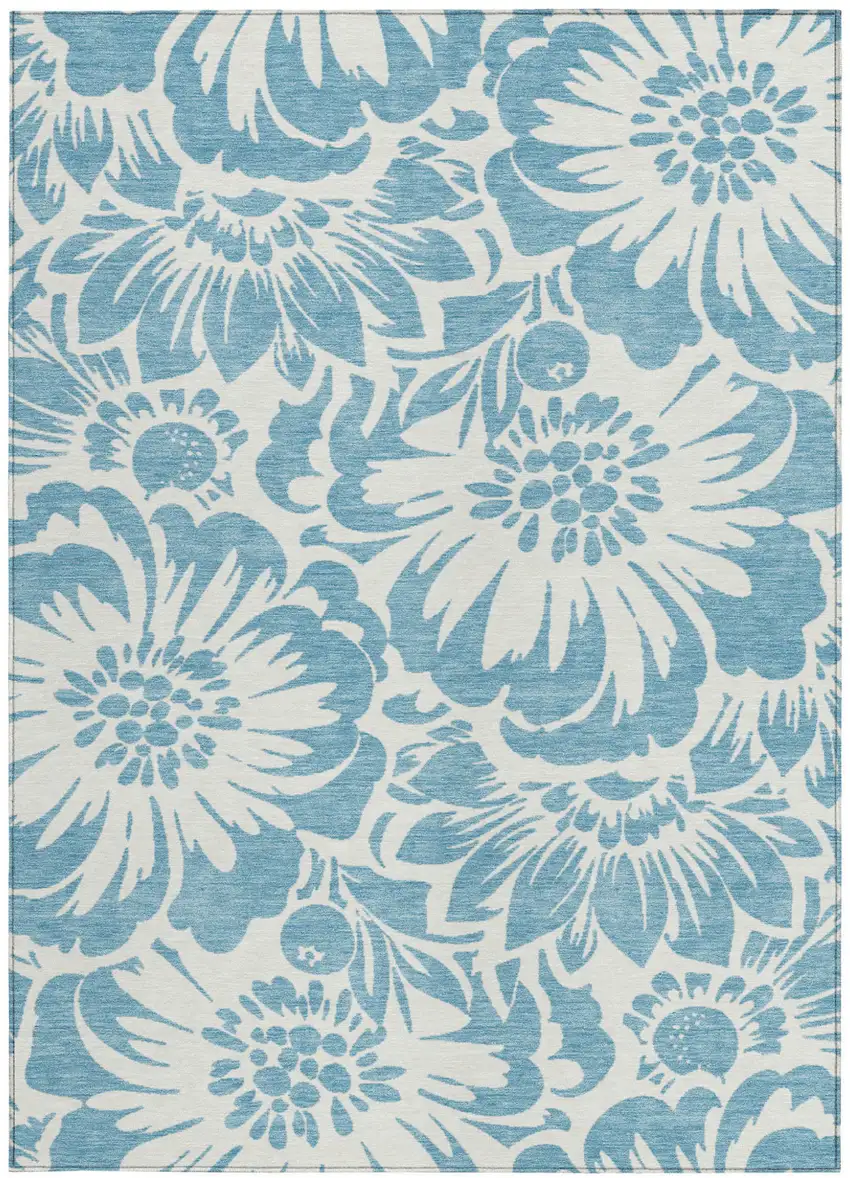 Denim and Ivory Floral Washable Non Skid Indoor Outdoor Area Rug Photo 5