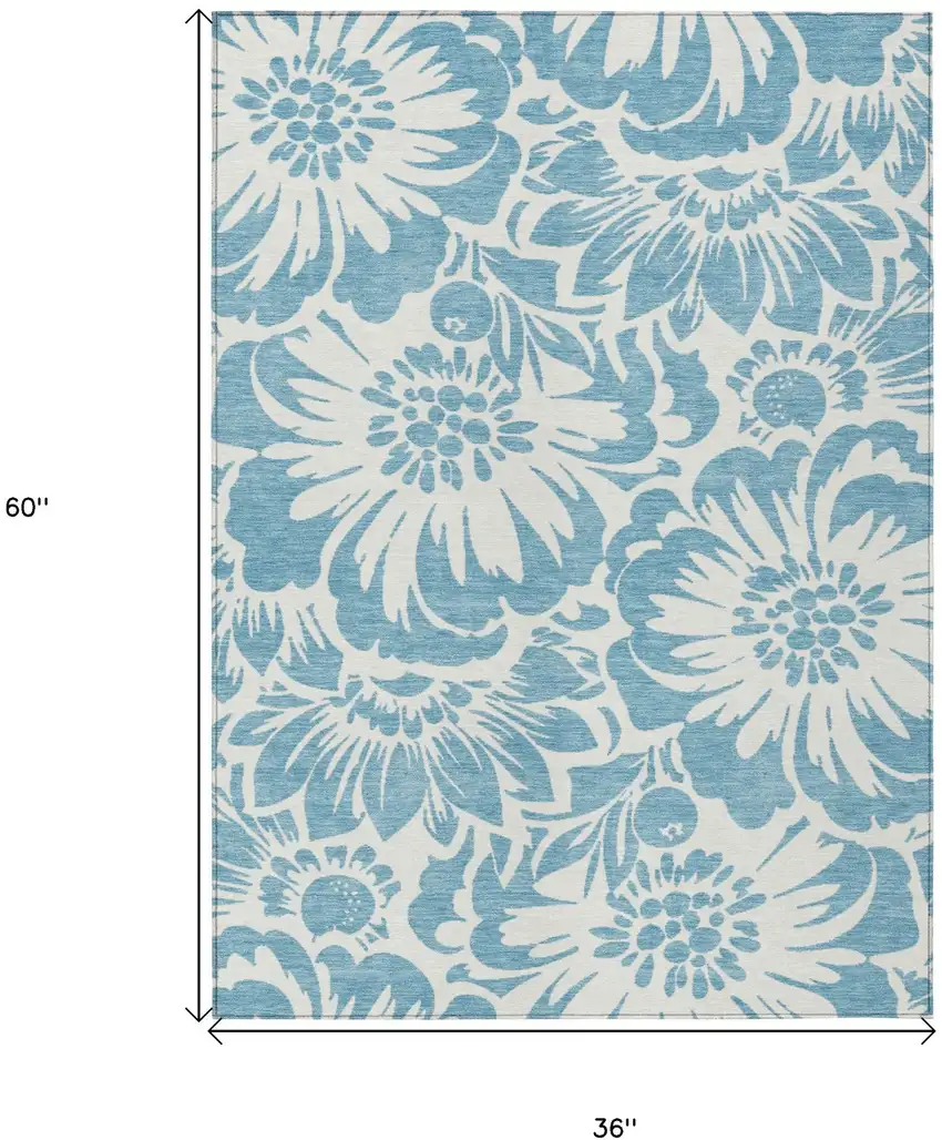 Denim and Ivory Floral Washable Non Skid Indoor Outdoor Area Rug Photo 3