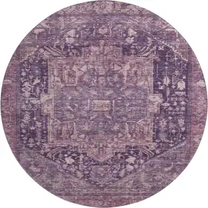 Photo of 8' X 8' Eggplant Gold And Gray Oriental Washable Round Rug With UV Protection