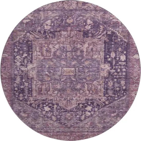 8' X 8' Eggplant Gold And Gray Oriental Washable Round Rug With UV Protection Photo 1