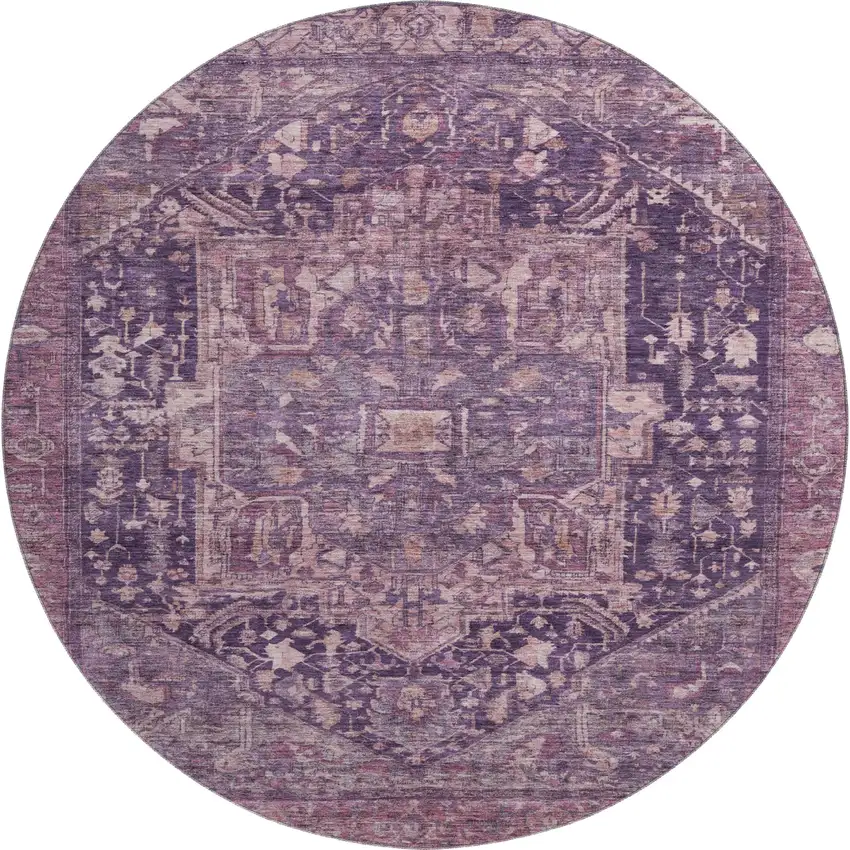 8' X 8' Eggplant Gold And Gray Oriental Washable Round Rug With UV Protection Photo 1