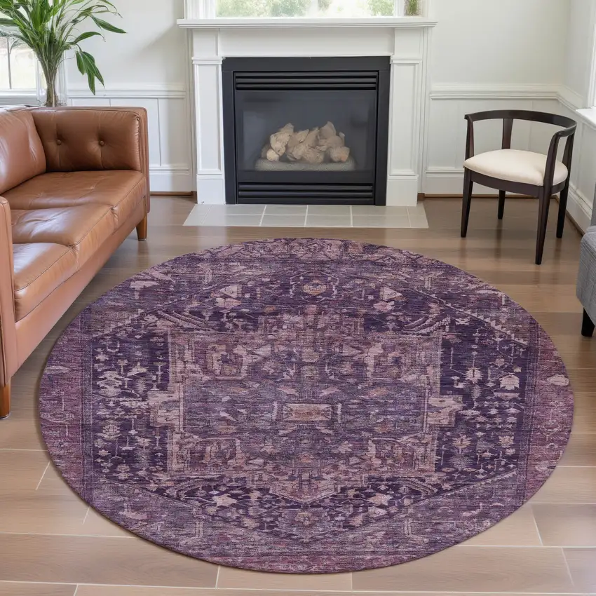 8' X 8' Eggplant Gold And Gray Oriental Washable Round Rug With UV Protection Photo 4