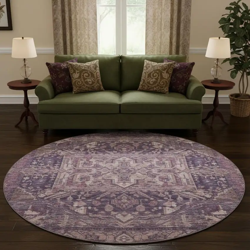 8' X 8' Eggplant Gold And Gray Oriental Washable Round Rug With UV Protection Photo 2