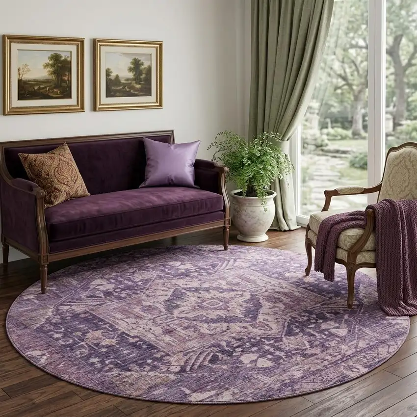 8' X 8' Eggplant Gold And Gray Oriental Washable Round Rug With UV Protection Photo 1