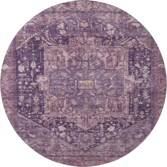 8' X 8' Eggplant Gold And Gray Oriental Washable Round Rug With UV Protection Photo 3