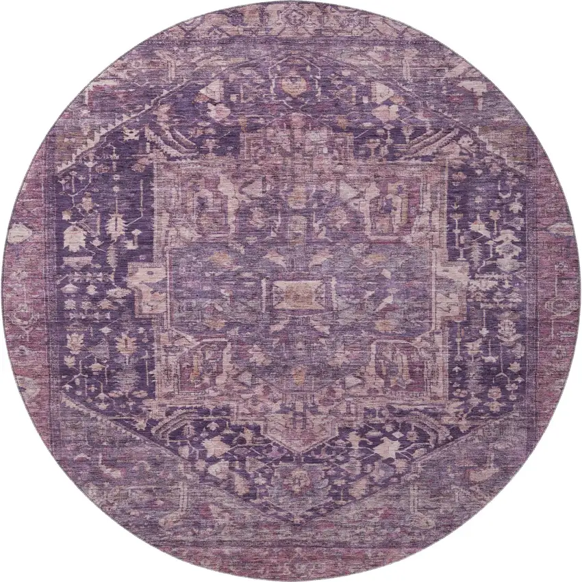 8' X 8' Eggplant Gold And Gray Oriental Washable Round Rug With UV Protection Photo 3