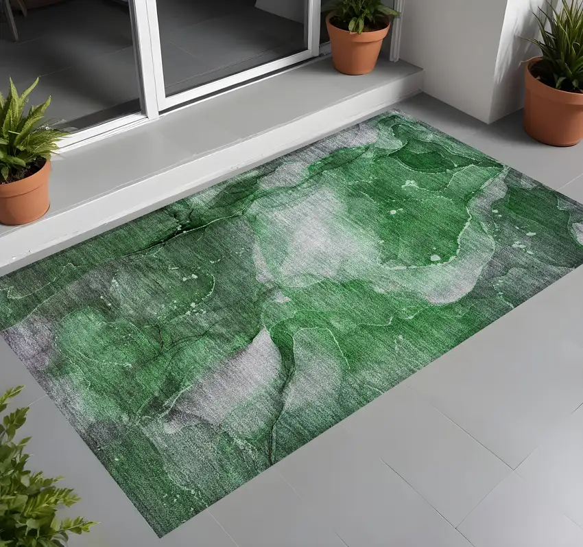 3' X 5' Emerald Abstract Washable Non Skid Indoor Outdoor Area Rug Photo 1