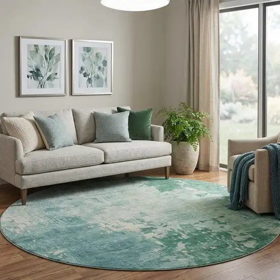 8' X 8' Emerald And Denim Blue Abstract Washable Round Rug With UV Protection Photo 1