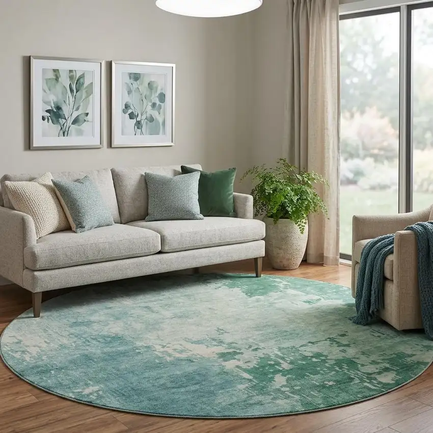 8' X 8' Emerald And Denim Blue Abstract Washable Round Rug With UV Protection Photo 1