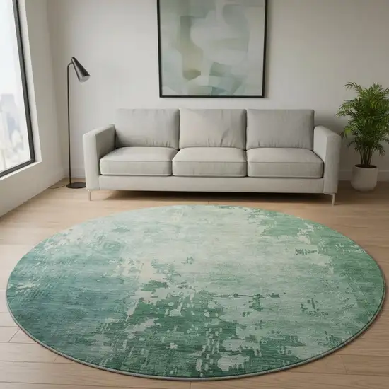 8' X 8' Emerald And Denim Blue Abstract Washable Round Rug With UV Protection Photo 2