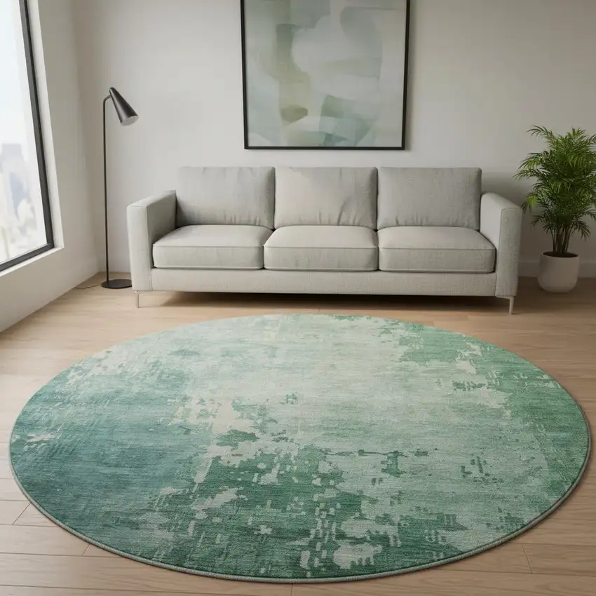 8' X 8' Emerald And Denim Blue Abstract Washable Round Rug With UV Protection Photo 2
