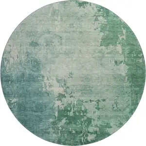 Photo of 8' X 8' Emerald And Denim Blue Abstract Washable Round Rug With UV Protection