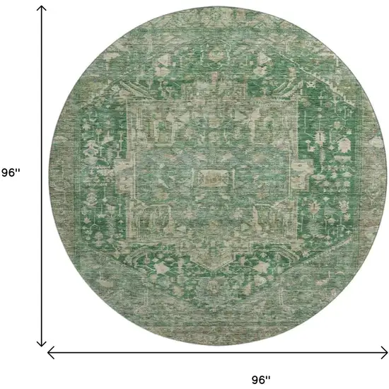 8' X 8' Emerald Ivory And Taupe Oriental Washable Round Rug With UV Protection Photo 9