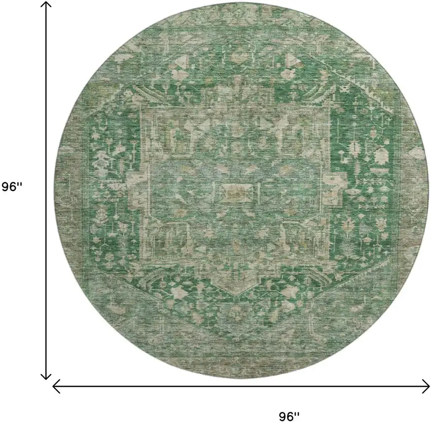 8' X 8' Emerald Ivory And Taupe Oriental Washable Round Rug With UV Protection Photo 9