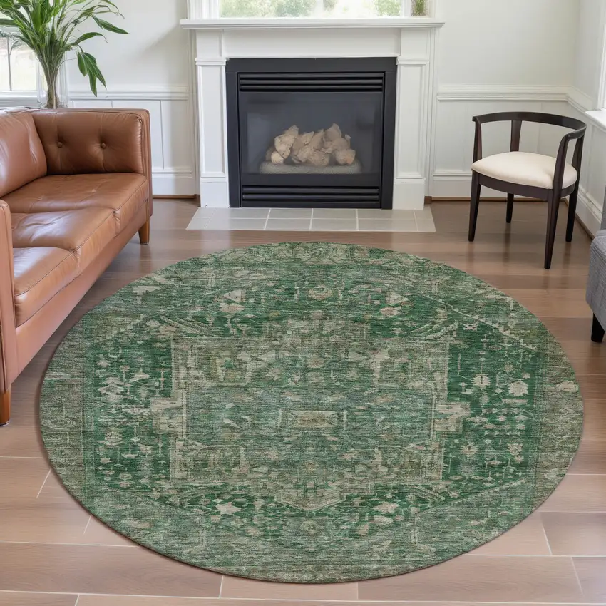 8' X 8' Emerald Ivory And Taupe Oriental Washable Round Rug With UV Protection Photo 4