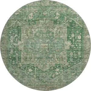 Photo of 8' X 8' Emerald Ivory And Taupe Oriental Washable Round Rug With UV Protection