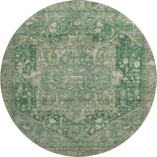 8' X 8' Emerald Ivory And Taupe Oriental Washable Round Rug With UV Protection Photo 1