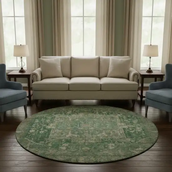 8' X 8' Emerald Ivory And Taupe Oriental Washable Round Rug With UV Protection Photo 2