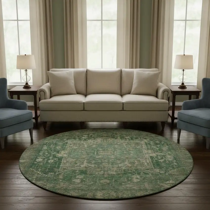 8' X 8' Emerald Ivory And Taupe Oriental Washable Round Rug With UV Protection Photo 2
