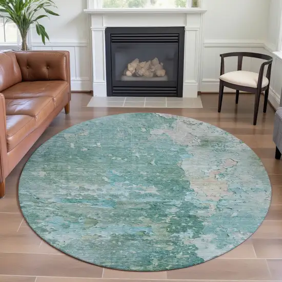 8' X 8' Emerald Pale Aqua And Ivory Abstract Washable Round Rug With UV Protection Photo 4