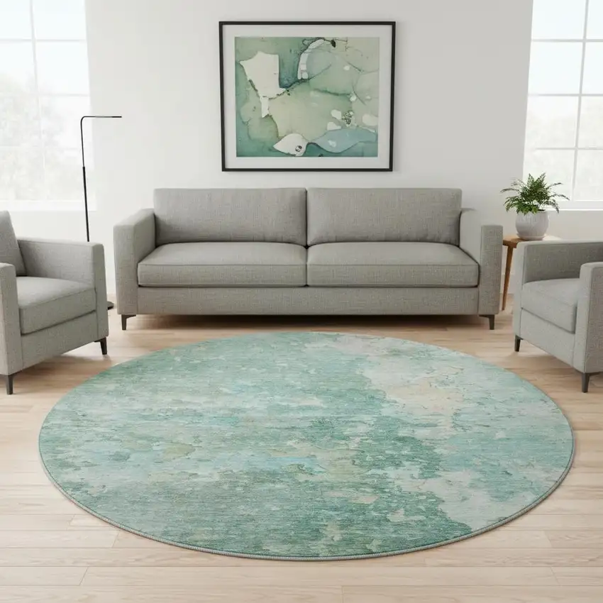 8' X 8' Emerald Pale Aqua And Ivory Abstract Washable Round Rug With UV Protection Photo 2