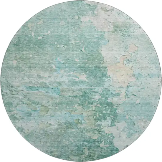 8' X 8' Emerald Pale Aqua And Ivory Abstract Washable Round Rug With UV Protection Photo 1