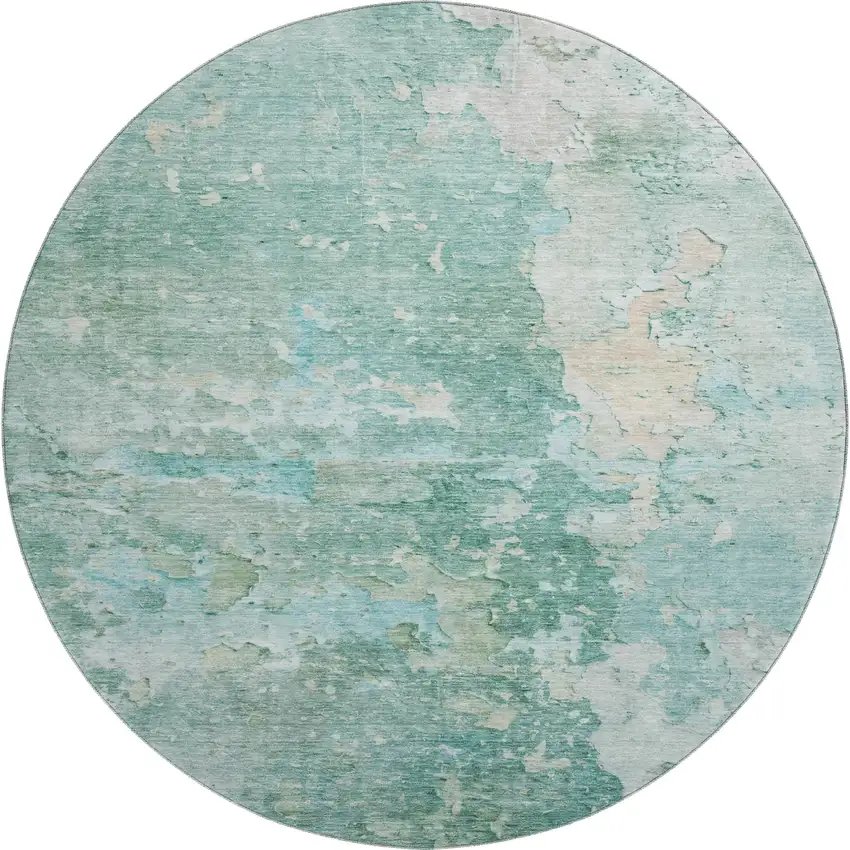 8' X 8' Emerald Pale Aqua And Ivory Abstract Washable Round Rug With UV Protection Photo 1