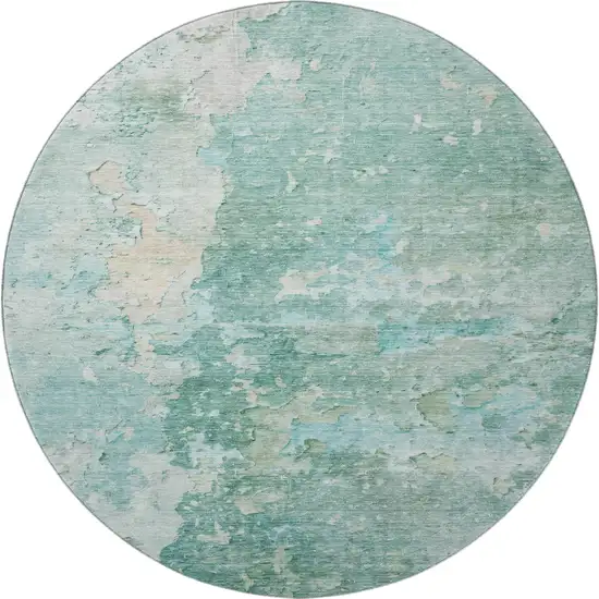 8' X 8' Emerald Pale Aqua And Ivory Abstract Washable Round Rug With UV Protection Photo 3