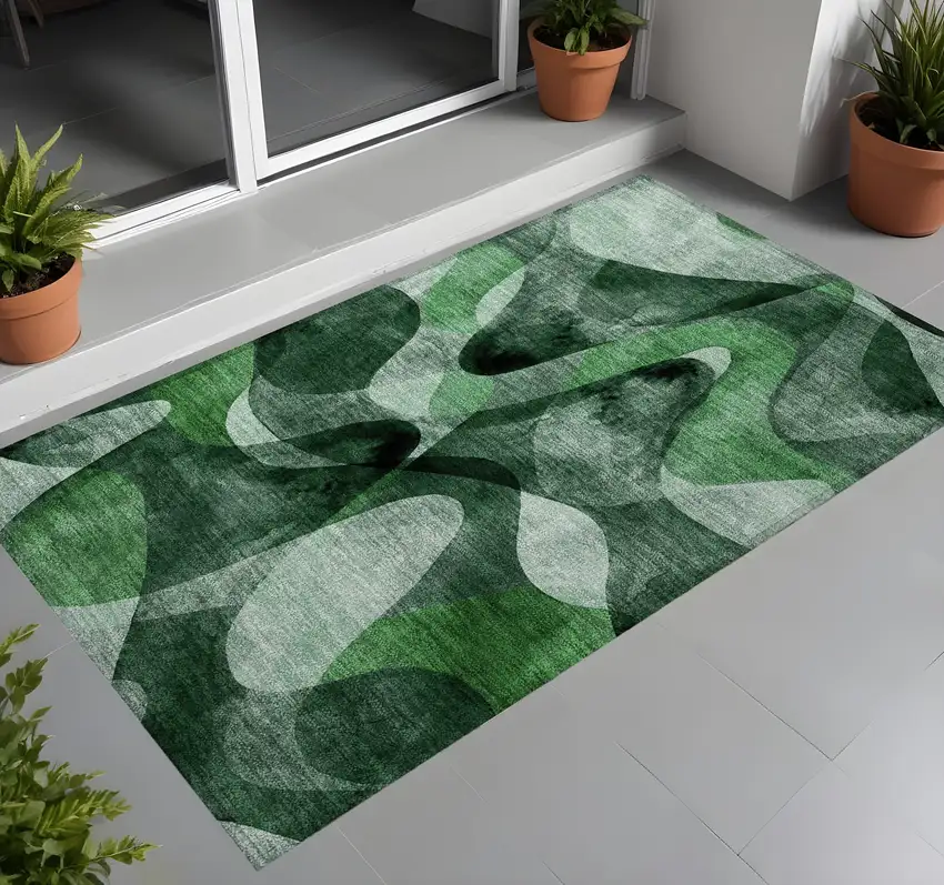 Fern Green Abstract Washable Non Skid Indoor Outdoor Area Rug Photo 1