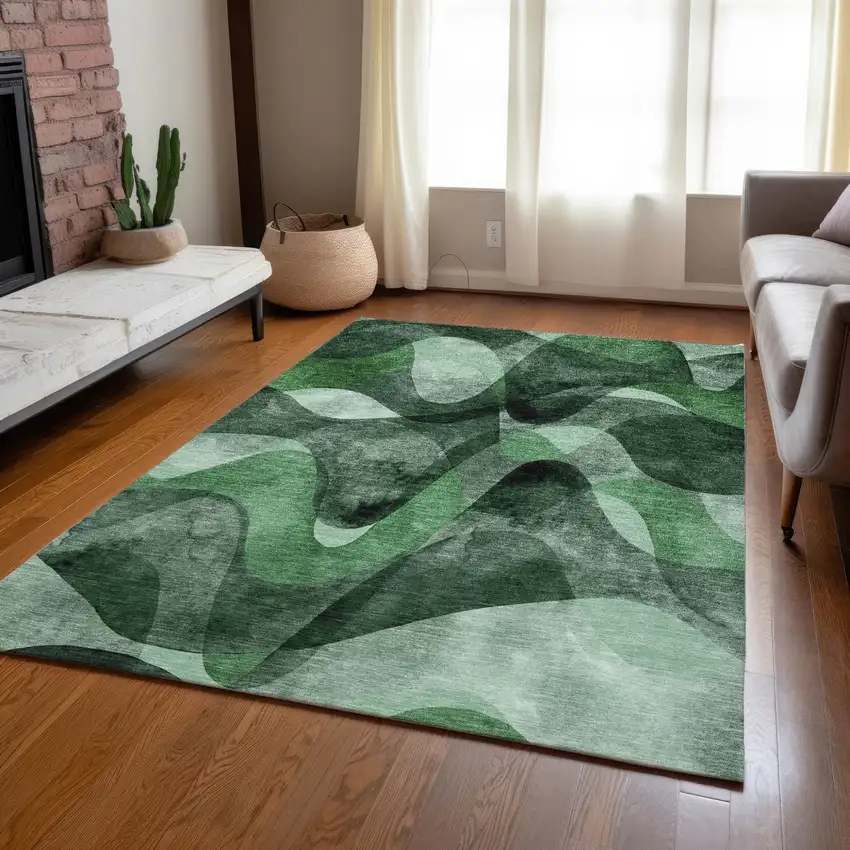 Fern Green Abstract Washable Non Skid Indoor Outdoor Area Rug Photo 9