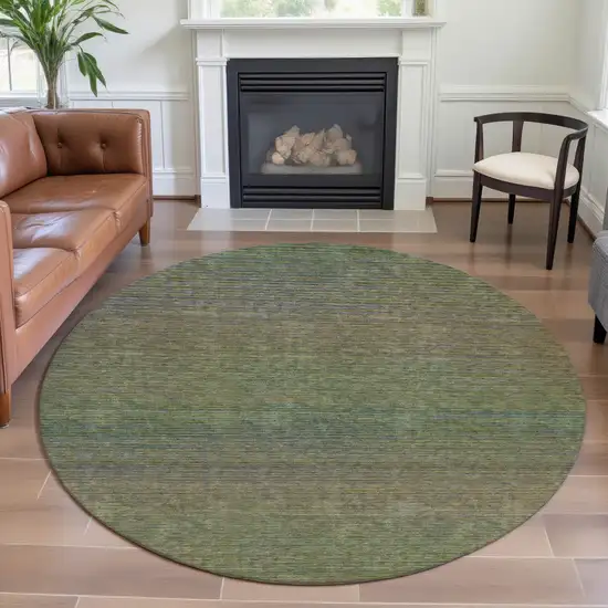 8' X 8' Fern Green And Blue Striped Washable Round Rug With UV Protection Photo 4