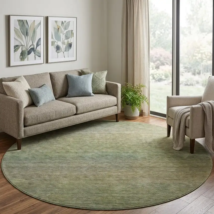 8' X 8' Fern Green And Blue Striped Washable Round Rug With UV Protection Photo 1