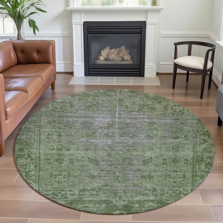 8' X 8' Fern Green And Silver Oriental Washable Round Rug With UV Protection Photo 4