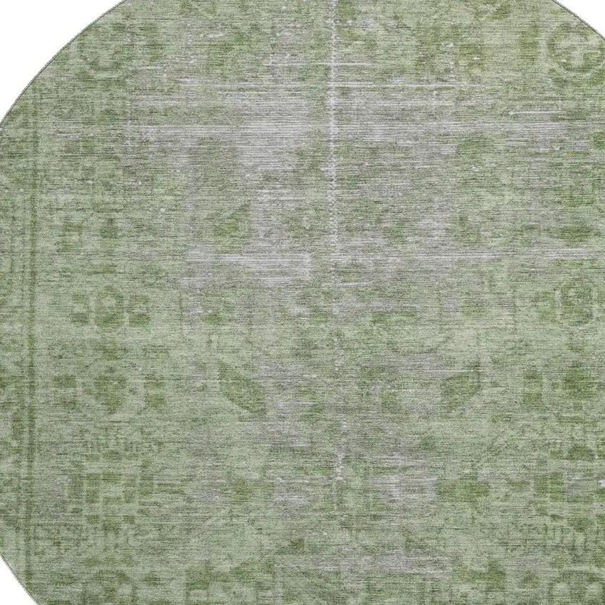 8' X 8' Fern Green And Silver Oriental Washable Round Rug With UV Protection Photo 2