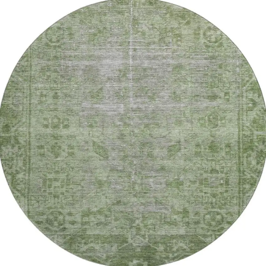8' X 8' Fern Green And Silver Oriental Washable Round Rug With UV Protection Photo 3