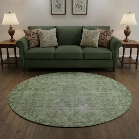 8' X 8' Fern Green And Silver Oriental Washable Round Rug With UV Protection Photo 2