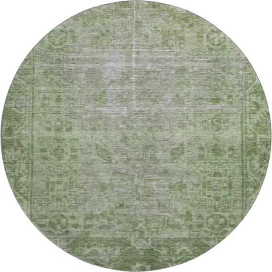 8' X 8' Fern Green And Silver Oriental Washable Round Rug With UV Protection Photo 1