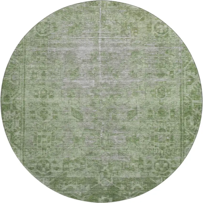 8' X 8' Fern Green And Silver Oriental Washable Round Rug With UV Protection Photo 1