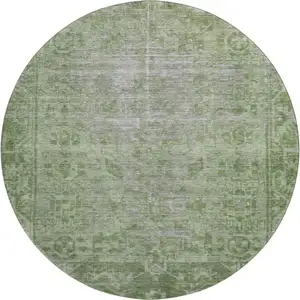 Photo of 8' X 8' Fern Green And Silver Oriental Washable Round Rug With UV Protection