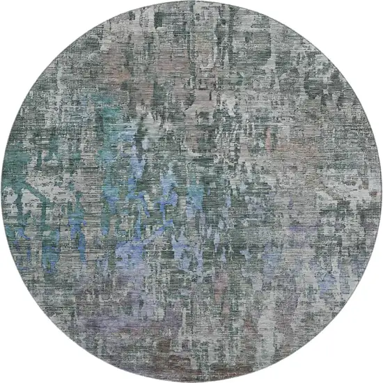 8' X 8' Fern Green Blue And Beige Abstract Washable Round Rug With UV Protection Photo 1