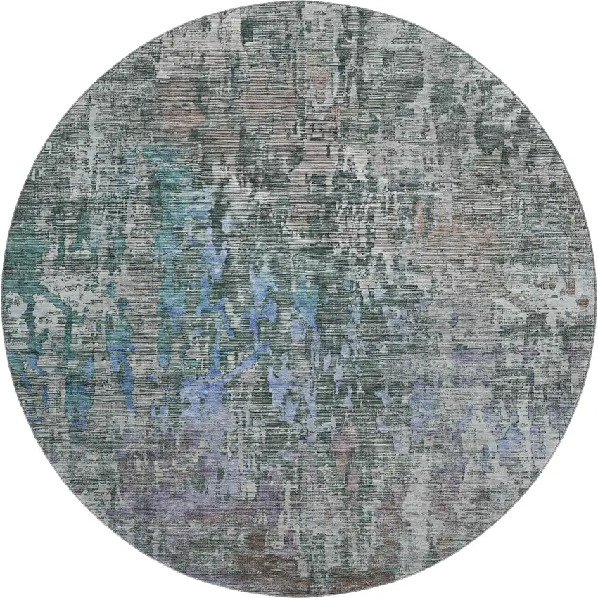 8' X 8' Fern Green Blue And Beige Abstract Washable Round Rug With UV Protection Photo 1