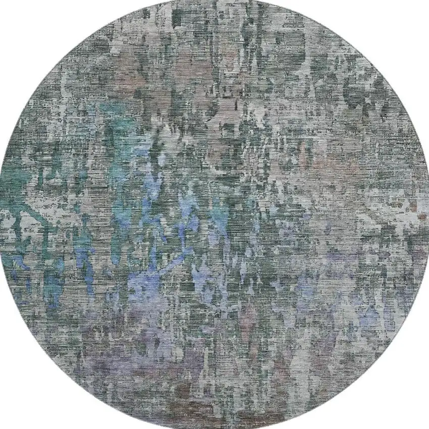 8' X 8' Fern Green Blue And Beige Abstract Washable Round Rug With UV Protection Photo 2