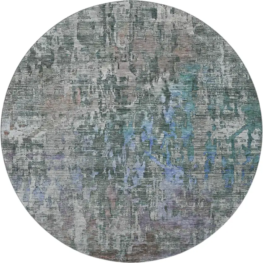 8' X 8' Fern Green Blue And Beige Abstract Washable Round Rug With UV Protection Photo 3