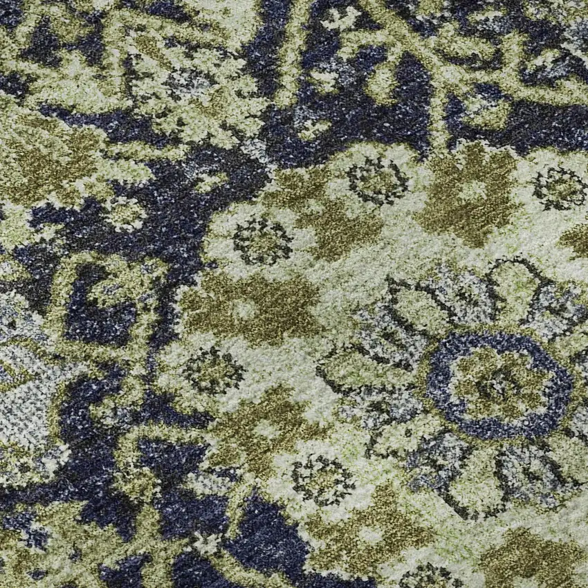 8' X 8' Fern Green Navy Blue And Ivory Damask Washable Round Rug With UV Protection Photo 8