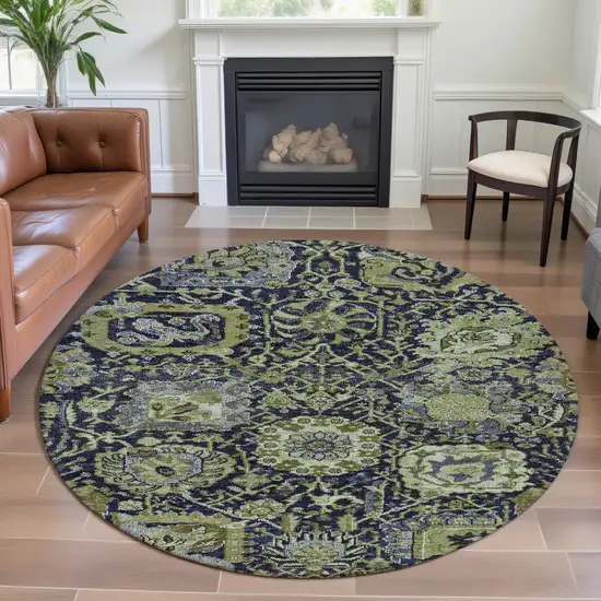 8' X 8' Fern Green Navy Blue And Ivory Damask Washable Round Rug With UV Protection Photo 4